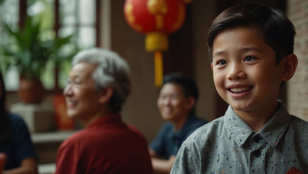 Excited kid happy to visit his grandparents for Chinese New Year family reunion. photo