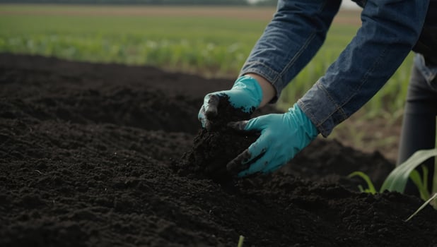 Female hands pouring a black soil in the field Female agronomist testing a quality of soil Concept of agriculture. photo