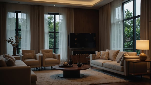 Interior, living room and luxury home for design, minimalist and accommodation style or trend Simple, eco friendly furniture and contemporary hotel or apartment,. photo