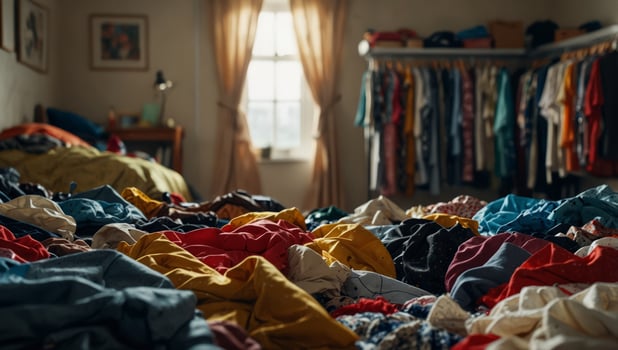 Mess of clothes all over room Fast fashion. photo