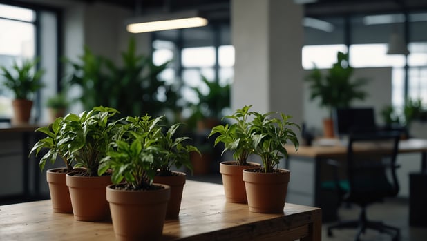 Modern office space with lush green plants in pots Innovative startup company with green, ecofriendly environment with lush vegetation in workplace. photo