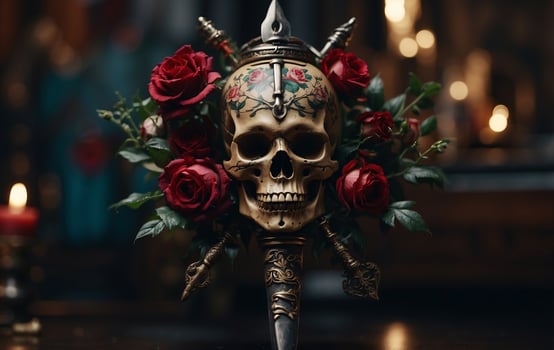 Old school tattoo emblem label with flower dagger and skull symbols Traditional tattooing style ink. photo