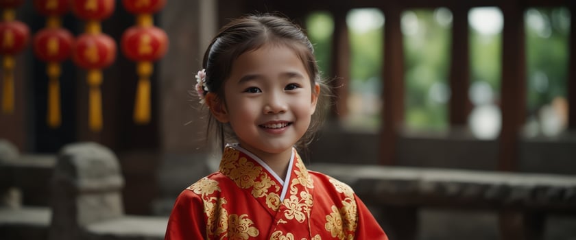 cute little asian girl in chinese traditional dress smiling in the temple Happy chinese new year concept. photo