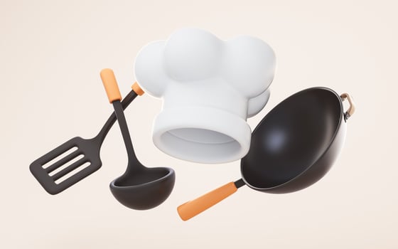 Cartoon style chef hat and kitchen ware, 3d rendering. photo