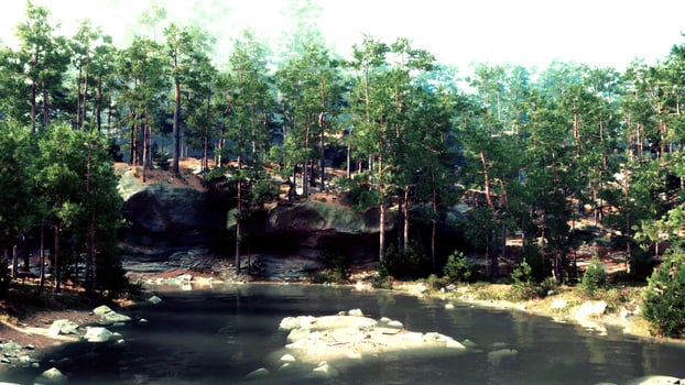 A small lake surrounded by trees and rocks photo