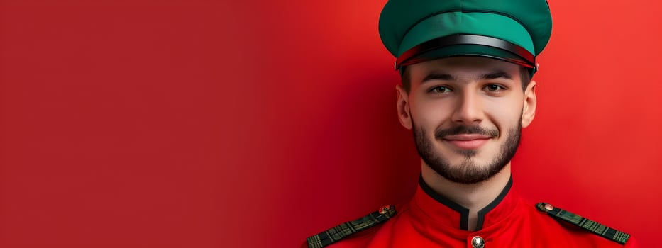 Cheerful Bellhop Posing with Luggage in a Vibrant Hotel Lobby photo