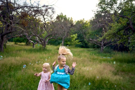 child and toddler, sisters, catching bubbles in the garden photo