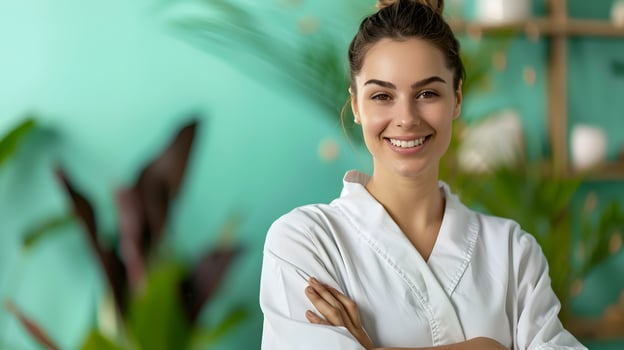 Empowered Spa Manager Radiating Joy while Managing Daily in a Vibrant Workspace photo