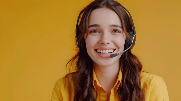 Happy Young Customer Support Representative Excelling in Professional Service on Color Background photo