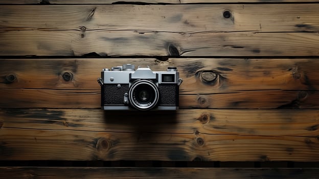 Camera lying on a wooden plain surface on beautiful background, top view photo