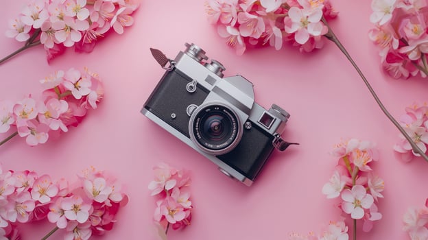 Camera lying on a plain surface on beautiful floral background with flowers, top view photo