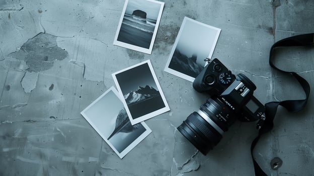 Camera and photographs lying on a plain surface on beautiful background, top view photo