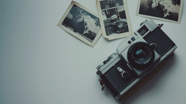 Camera and photographs lying on a plain surface on beautiful background, top view photo