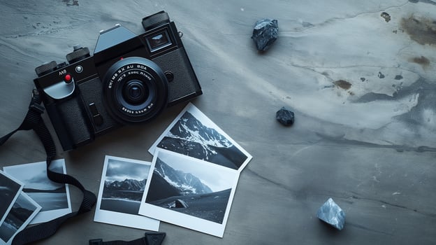 Camera and photographs lying on a plain surface on beautiful background, top view photo
