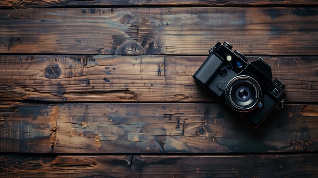 Camera lying on a wooden plain surface on beautiful background, top view photo