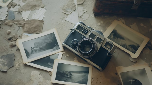 Camera and photographs lying on a plain surface on beautiful background, top view photo
