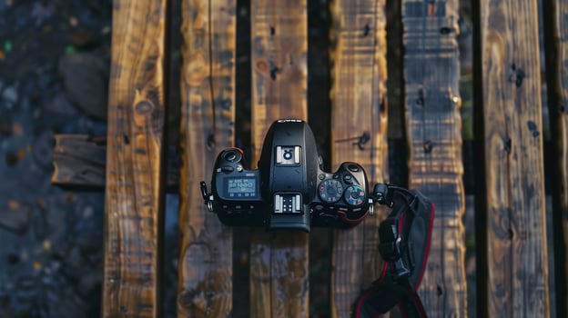 Camera lying on a wooden plain surface on beautiful background, top view photo