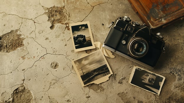 Camera and photographs lying on a plain surface on beautiful background, top view photo