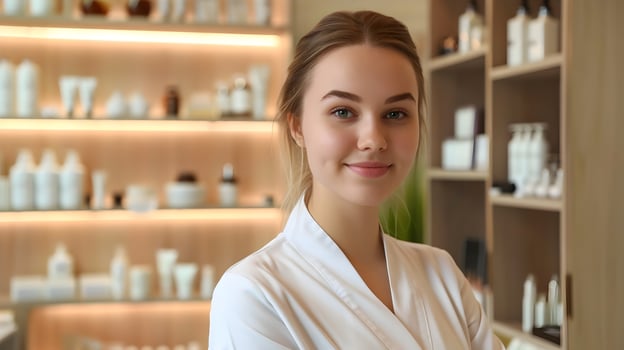 Joyful Young Esthetician Excelling in Skin Care Therapy on Colorful Backdrop photo