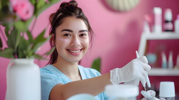Joyful Nail Technician Expertly Crafting Vibrant Nail Art A Beacon of Professional Care photo