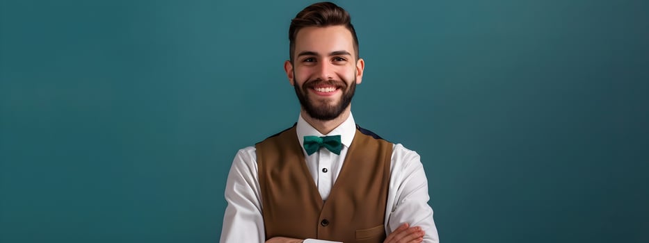 Young Lodging Manager Exuding Happiness and Professionalism in Vibrant Workspace photo