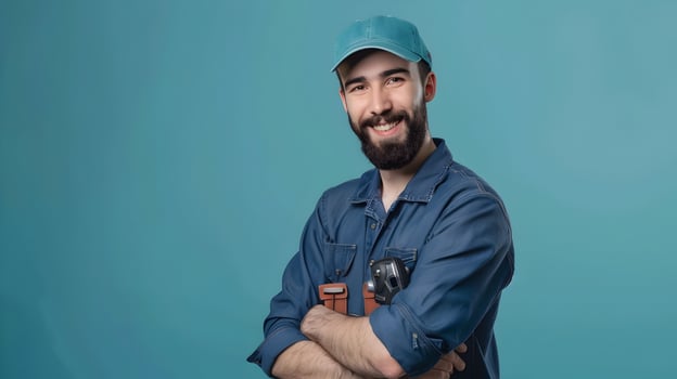 Happy Young Locksmith Exuding Confidence in a Colorful Workshop photo
