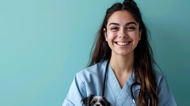 Joyful Veterinary Assistant Devoted to Animal Wellbeing in Vibrant Portrait photo