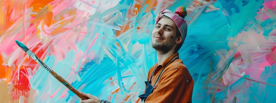 Joyful Young Painter Crafting Vibrant on Canvas in Studio photo