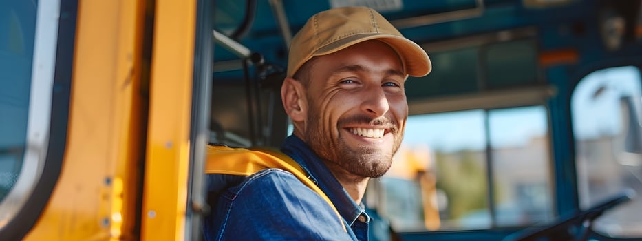 Joyful Young School Bus Driver Embarking on a Colorful Journey photo