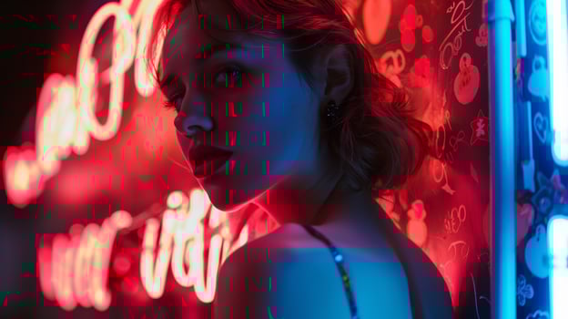 Photo of girl illuminated by neon sign, digital alphabet lettering, backlight, close up of upper body