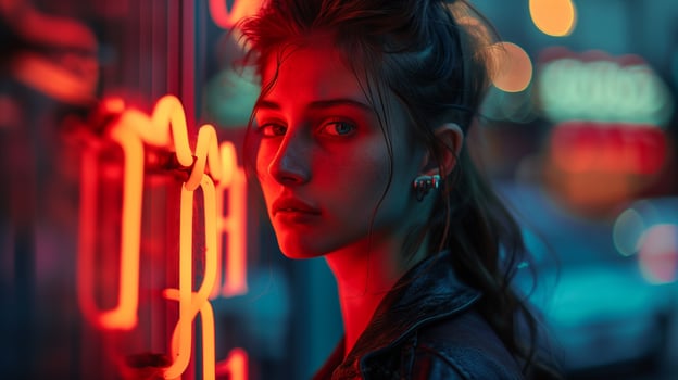 Photo of girl illuminated by neon sign, digital alphabet lettering, backlight, close up of upper body