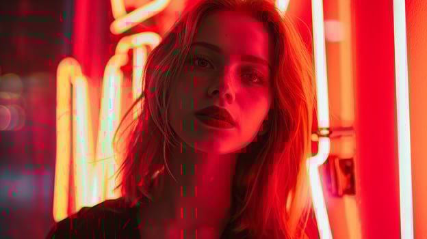 Photo of girl illuminated by neon sign, digital alphabet lettering, backlight, close up of upper body