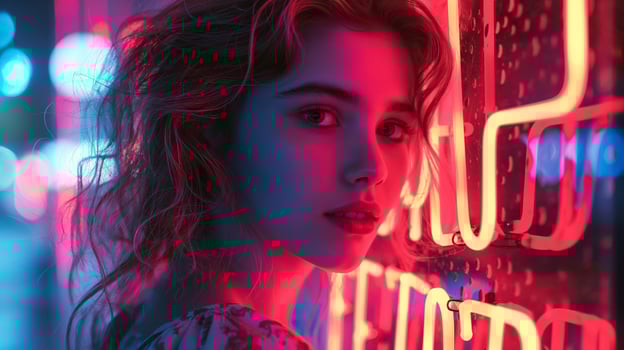 Photo of girl illuminated by neon sign, digital alphabet lettering, backlight, close up of upper body