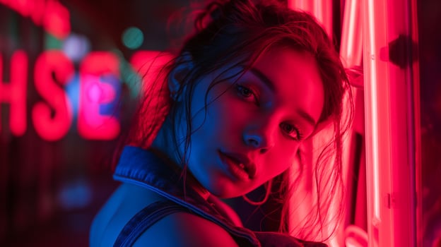 Photo of girl illuminated by neon sign, digital alphabet lettering, backlight, close up of upper body
