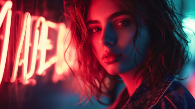 Photo of girl illuminated by neon sign, digital alphabet lettering, backlight, close up of upper body