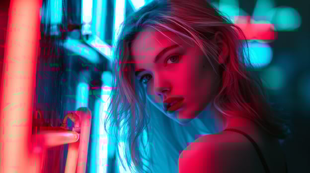 Photo of girl illuminated by neon sign, digital alphabet lettering, backlight, close up of upper body