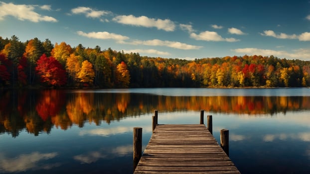 Wooden dock stretching into lake reflecting colorful autumn forest photo