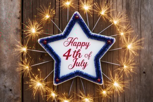 Happy 4th of july star with sparklers on rustic wood background photo