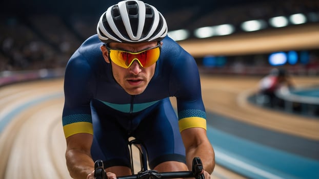 Professional track cyclist riding on velodrome track during competition photo