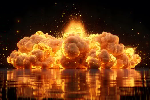 Spectacular Fiery Explosion Reflection on Water - Dramatic Energy Concept Stock Image photo