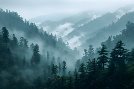 Misty Mountain Landscape with Dense Forest and Layered Hills - Nature Photography Print photo