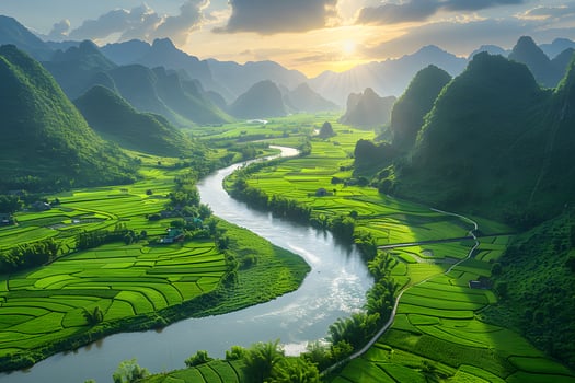 Scenic Countryside Landscape at Sunset - Serene River and Lush Green Rice Terraces in Valley photo
