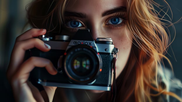 Woman with a camera on a beautiful background for World Photography Day photo