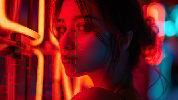 Photo of girl illuminated by neon sign, digital alphabet lettering, backlight, close up of upper body