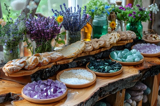 Rustic Bakery and Crystal Display with Fresh Flowers Ideal for Kitchen Decor, Print, or Poster Design photo