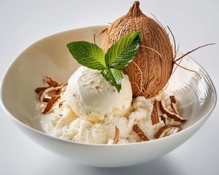 a bowl of ice cream with coconut and mint leaves photo
