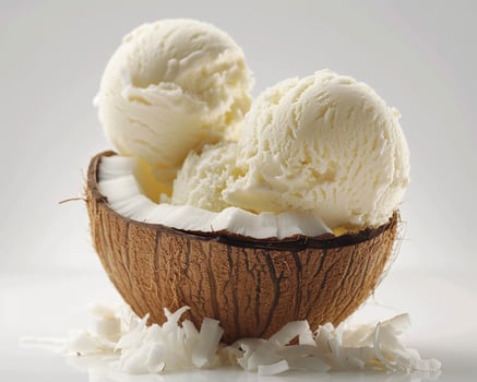 A coconut with two scoops of ice cream photo