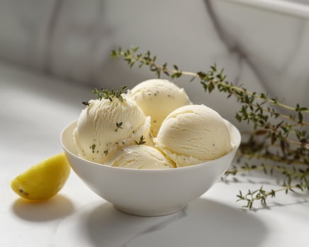a bowl of ice cream with a lemon and herbs photo