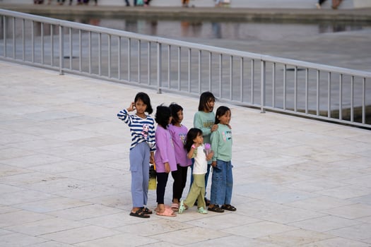 Jakarta, Indonesia, 2024 - Group of Children, Girls Posing Preparing for Photo Shoot in Lapangan Banteng