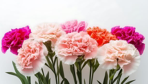 Beautiful and colorful carnations in pink, orange, and purple, perfect for a bouquet, wedding decor, or a floral arrangement. photo